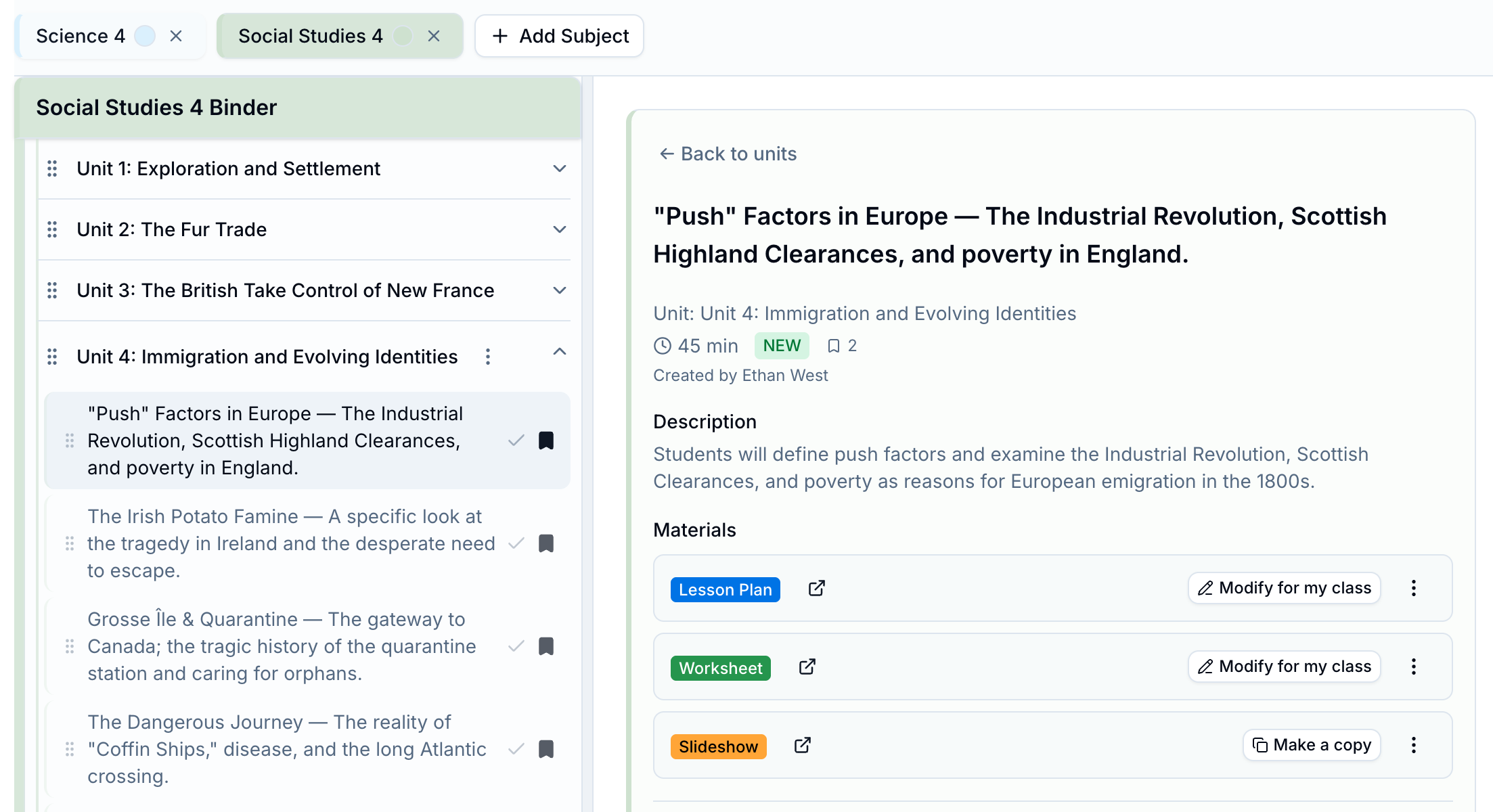 TeachNEW digital binder for Social Studies 4, showing units, lessons, and linked materials.