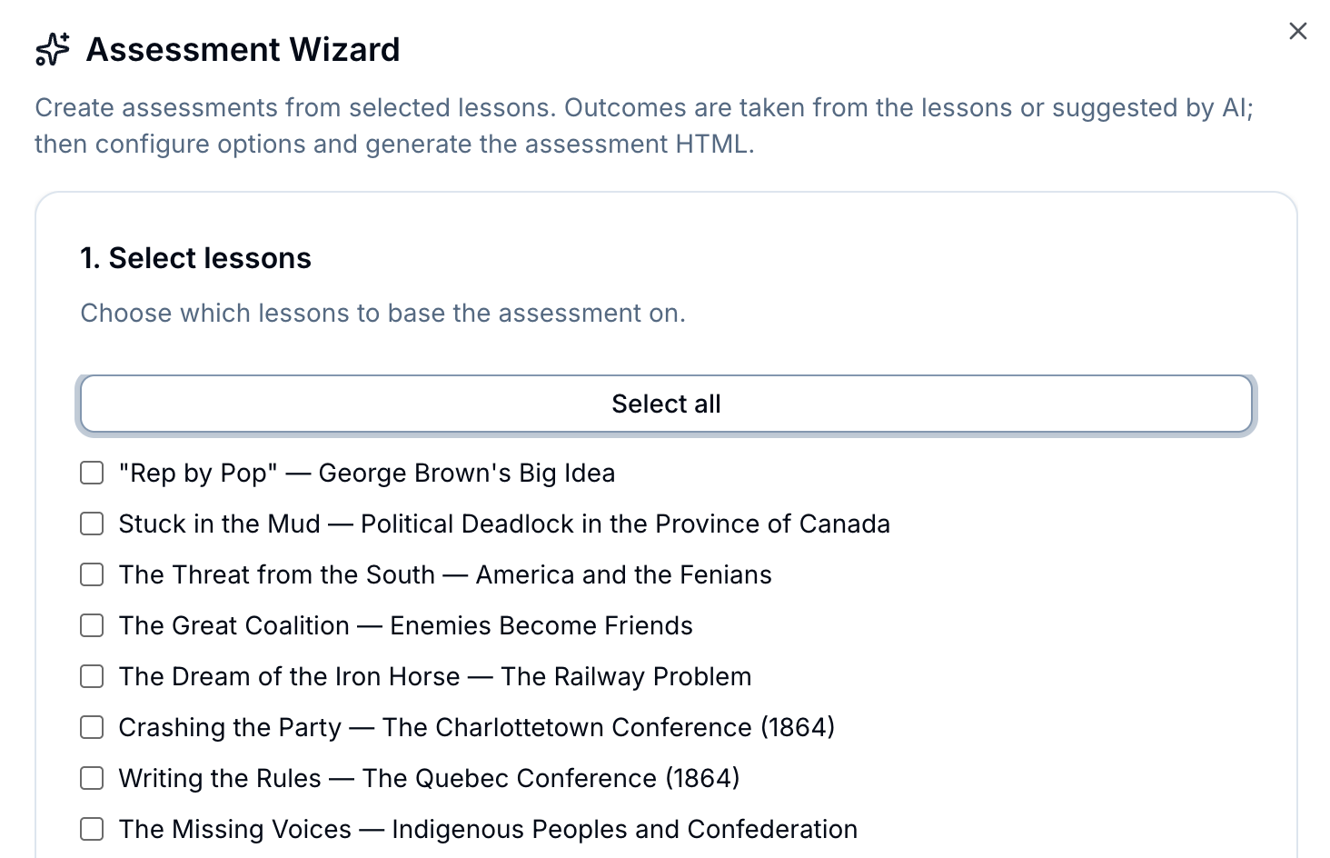 TeachNEW Assessment Wizard showing a checklist of lessons to base a new assessment on.