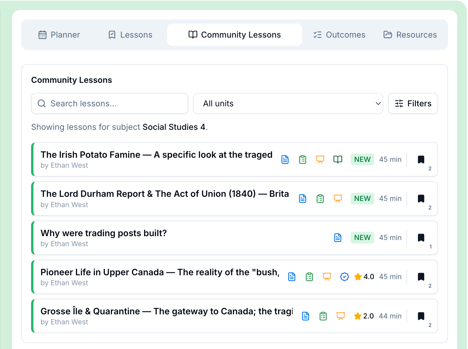 The TeachNEW community lessons library filtered to Social Studies 4, showing shared lessons with ratings, material icons, save counts, and unit filters.
