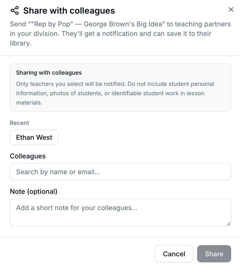 TeachNEW share dialog for sending a lesson to selected colleagues in your division.